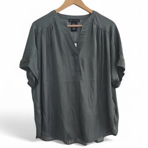 Joan Vass V-Neck Blouse XL NWT Green Relaxed Fit Top Workwear Office Ready